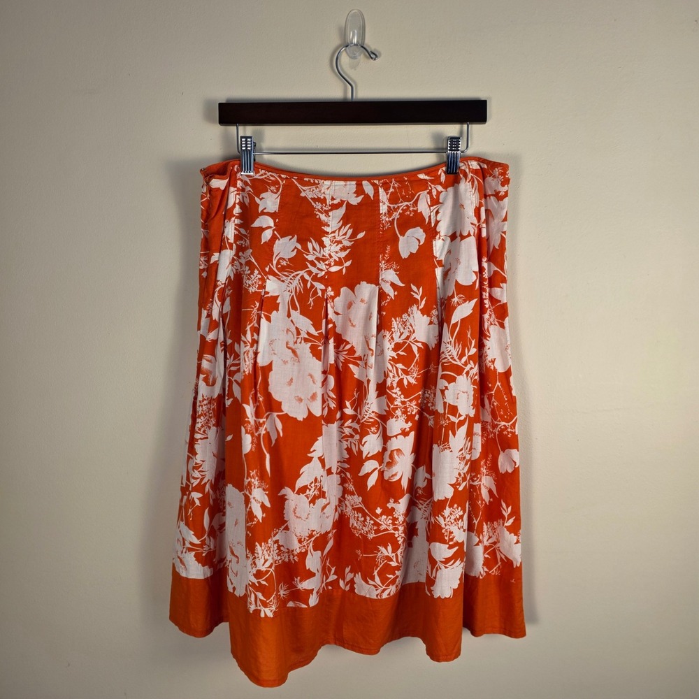 Lapis Floral Midi‎ Skirt Womens XL Orange White Pleated 100% Cotton Boho Summer